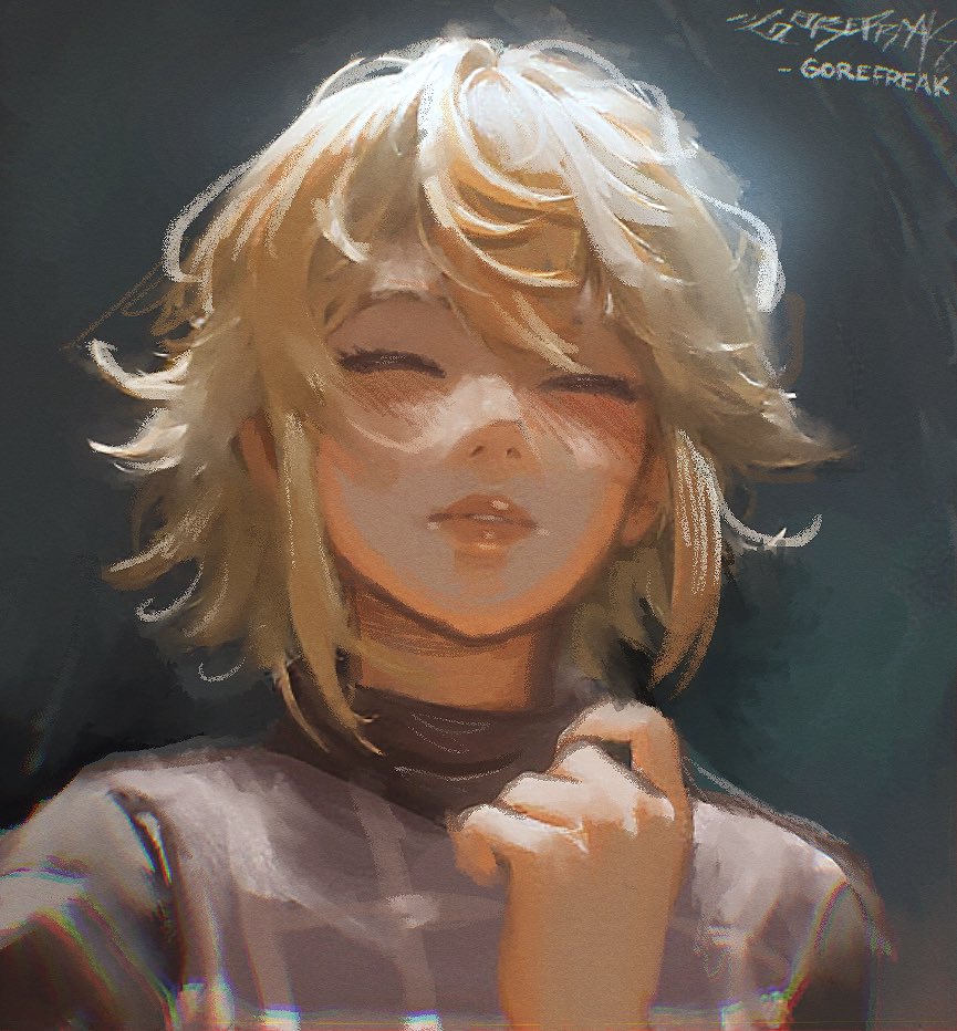 1girl blonde_hair blush chromatic_aberration closed_eyes commentary grey_sweater medium_hair plaid_clothes plaid_sweater portrait signature solo spicyfuse sweater turtleneck turtleneck_sweater urotsuki yume_2kki