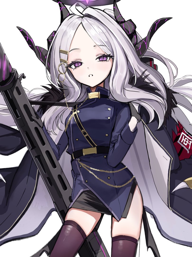 1girl ahoge armband black_coat black_gloves black_halo black_skirt black_thighhighs blue_archive breasts coat coat_on_shoulders demon_girl demon_horns demon_wings gloves gun halo hina_(blue_archive) holding holding_gun holding_weapon horns long_hair looking_at_viewer machine_gun mg42 purple_eyes red_armband simple_background skirt small_breasts solo standing thighhighs user_hkmj2758 weapon white_background white_hair wings