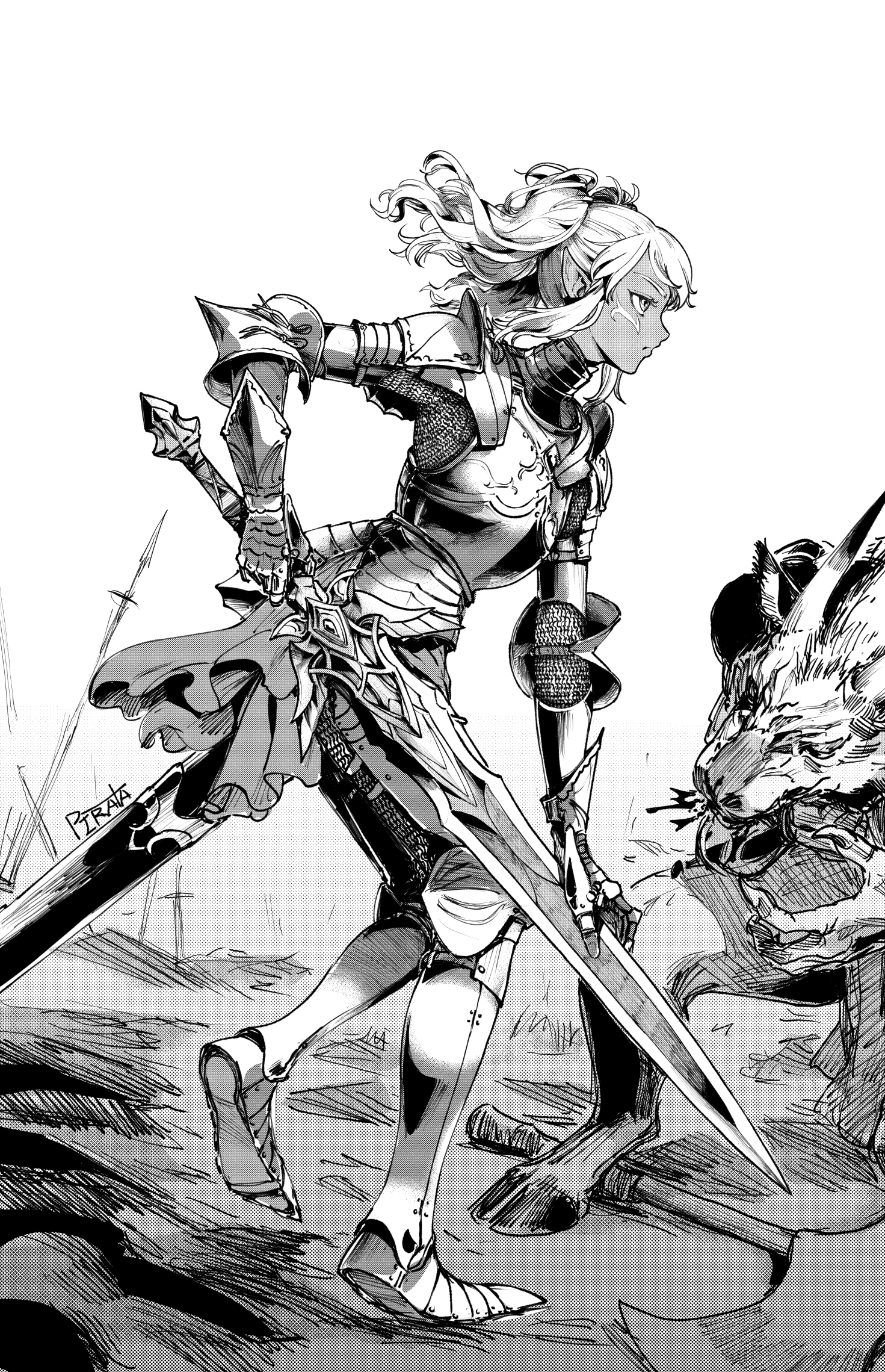1girl armor battlefield chainmail couter cuirass cuisses dark-skinned_female dark_skin elf faulds gauntlets greaves highres holding holding_sword holding_weapon knight monochrome monster original pauldrons pirata_(gailtonatiu) planted planted_sword planted_weapon plate_armor pointy_ears poleyn rerebrace sabaton sheath shoulder_armor signature sword twintails unsheathed weapon