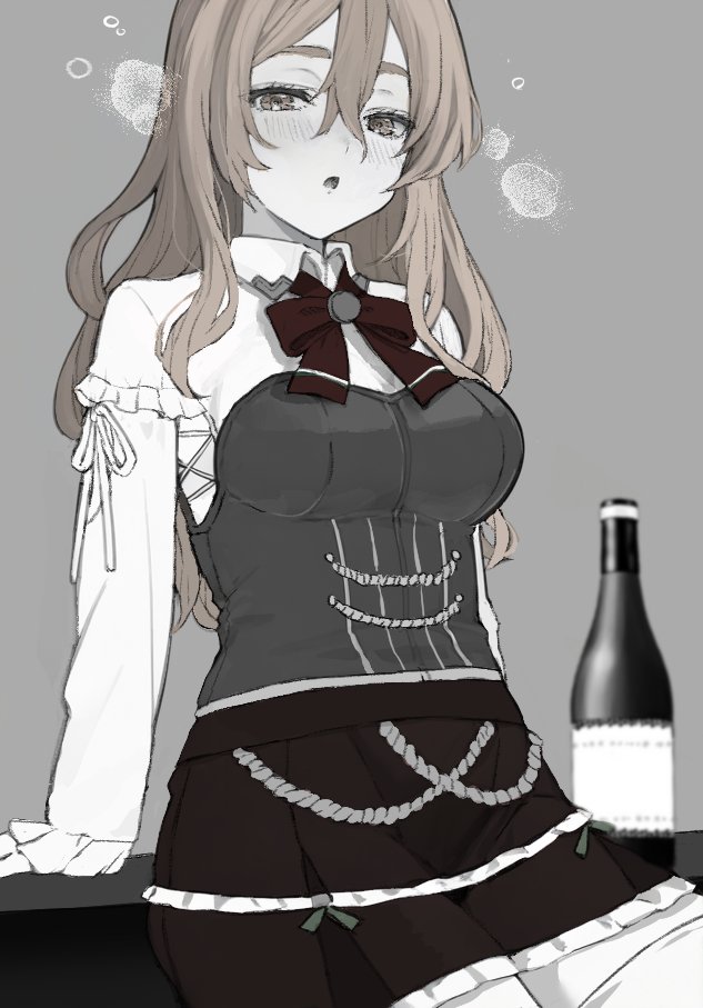1girl alcohol blush bottle bow bowtie breasts breath commentary drunk hair_between_eyes half-closed_eyes kantai_collection large_breasts leaning_on_object long_hair long_sleeves looking_at_viewer medium_breasts muted_color neju parted_lips pola_(kancolle) simple_background skirt solo thighhighs wine_bottle