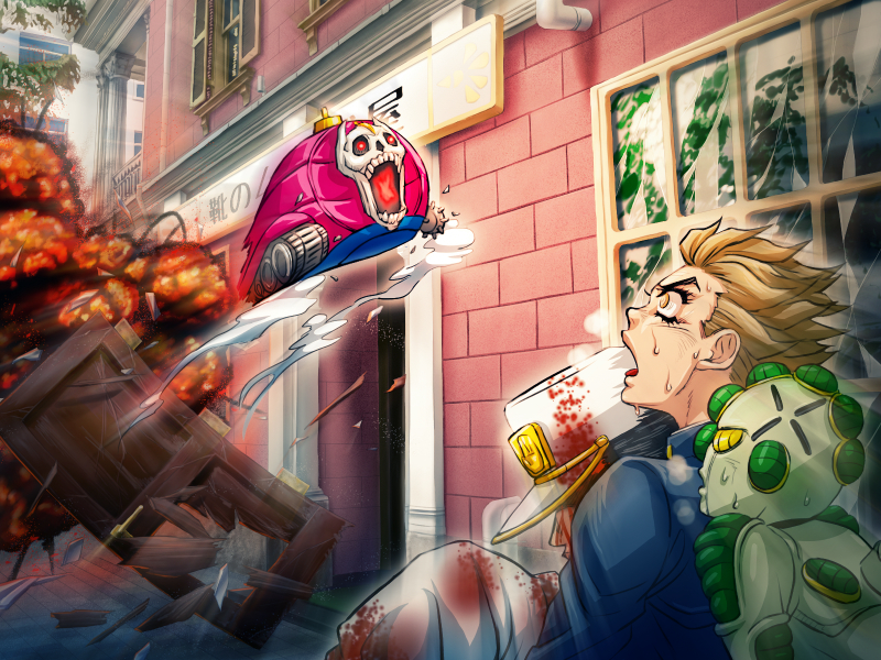 2boys blonde_hair blood blood_on_face blood_on_clothes brick_wall building c-7_(assate) diamond_wa_kudakenai door echoes_(stand) echoes_act3 explosion hirose_koichi jojo_no_kimyou_na_bouken kuujou_joutarou male_focus multiple_boys open_mouth sheer_heart_attack stand_(jojo) sweat yellow_eyes