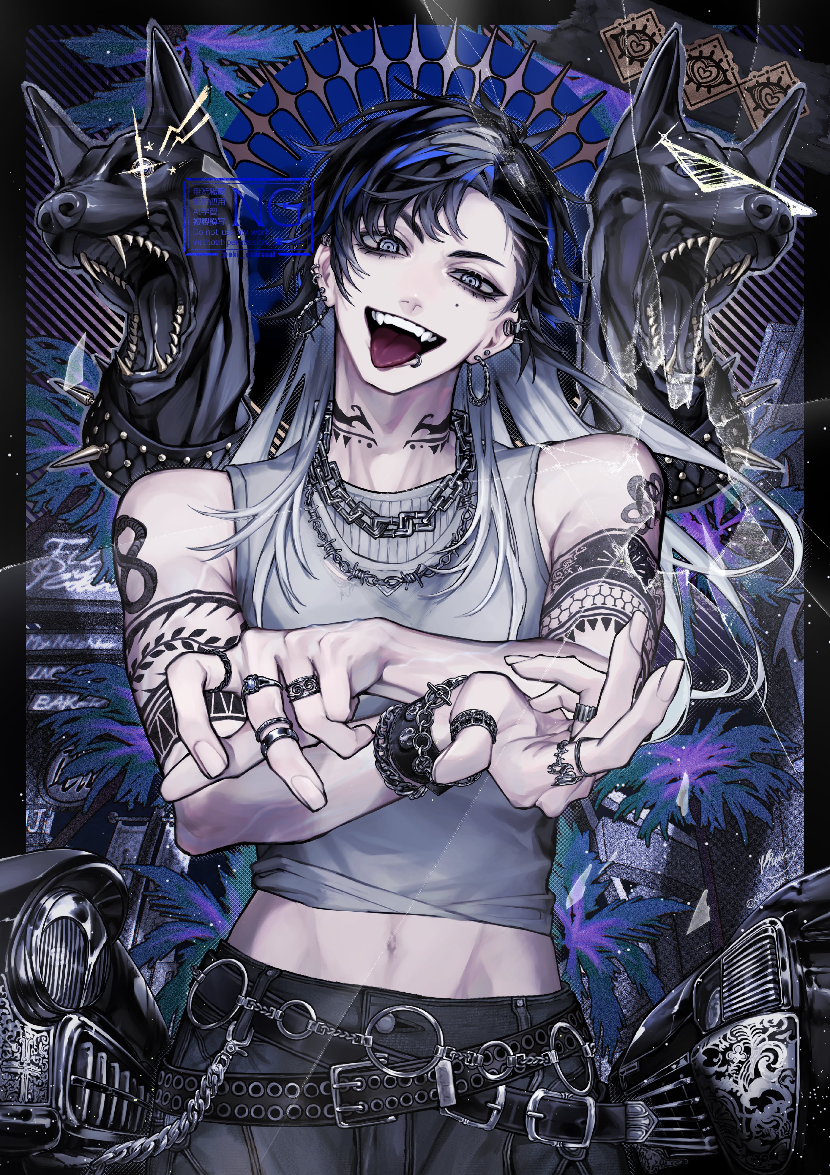 1boy absurdres asymmetrical_bangs bare_shoulders belt black_belt black_collar black_hair blue_hair chain collar cowboy_shot crack cracked_glass crossed_wrists dog ear_piercing earrings fingernails hands_up head_tilt highres hoop_earrings jewelry lip_piercing long_hair looking_at_viewer male_focus mole mole_on_cheek multicolored_hair multiple_piercings multiple_rings navel neck_tattoo oki_charcoal one_eye_narrowed open_mouth original piercing raised_eyebrow ring ringed_eyes shirt sleeveless sleeveless_shirt solo streaked_hair studded_collar tattoo teeth toned toned_male tongue tongue_out upper_teeth_only white_eyes white_hair white_shirt wind wristband