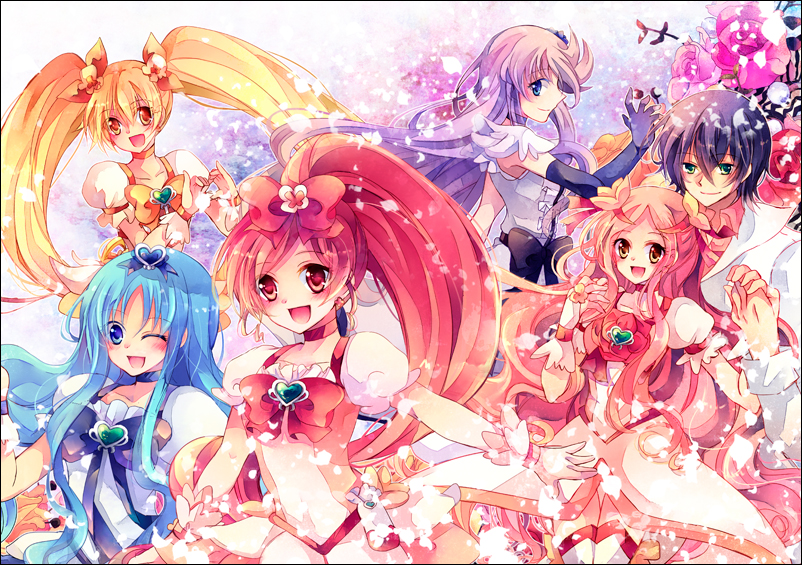 10s 1boy 5girls :d ;d black_hair blonde_hair blue_eyes blue_hair bow brooch cure_blossom cure_flower cure_marine cure_moonlight cure_sunshine elbow_gloves flower gloves green_eyes hair_ornament hair_ribbon hanasaki_kaoruko hanasaki_sora hanasaki_tsubomi heart heart_brooch heart_hands heartcatch_precure! high_ponytail jewelry kokonoe_miya kurumi_erika magical_girl multiple_girls myoudouin_itsuki one_eye_closed open_mouth orange_bow pink_bow pink_hair ponytail precure purple_hair red_eyes red_hair ribbon smile tsukikage_yuri twintails yellow_eyes
