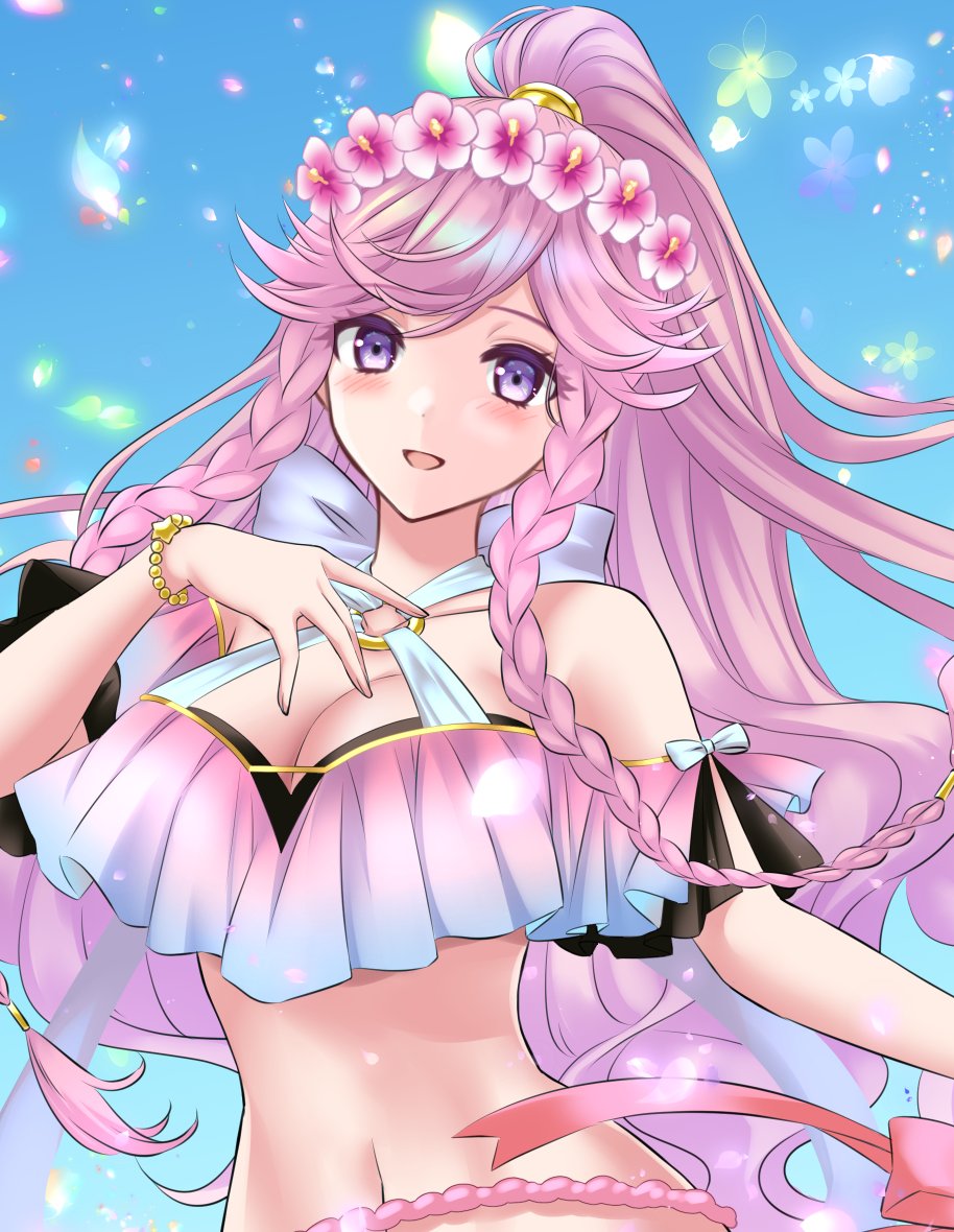 1girl bare_shoulders bikini blue_bikini braid criss-cross_halter fire_emblem fire_emblem_awakening fire_emblem_heroes flower gradient_bikini halterneck head_wreath kakiko210 navel nintendo off-shoulder_bikini off_shoulder olivia_(fire_emblem) olivia_(summer)_(fire_emblem) pink_bikini pink_flower pink_hair ponytail purple_eyes solo stomach swimsuit twin_braids upper_body