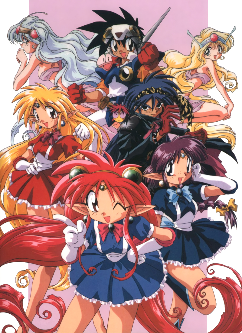 1990s_(style) 2girls 5girls arara_cocoa arara_milk baba_lamune bandana black_eyes black_hair blonde_hair blue_dress blue_eyes blue_hair bracelet braid cape clenched_hands da_cider dress earrings elbow_gloves freckles gloves gold_mountain_dew hand_on_own_face hand_on_own_hip headdress headgear hebimetako index_finger_raised jewelry long_hair long_sleeves looking_at_viewer low-tied_long_hair multiple_girls ng_knight_lamune_&amp;_40 non-web_source official_art one_eye_closed open_mouth pointy_ears profile purple_hair red_dress red_eyes red_gloves red_hair retro_artstyle short_hair short_sleeves silver_mountain_dew single_braid spiked_bracelet spikes tama-q tiara twintails very_long_hair white_gloves white_hair wink