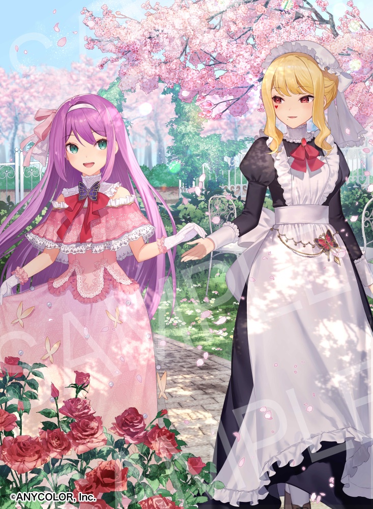 2girls :d alternate_costume apron arm_at_side bare_shoulders black_dress blonde_hair bow bow_hairband bowtie brooch bush butterfly_brooch butterfly_ornament chair cherry_blossoms clothing_cutout copyright_notice dappled_sunlight day dress enmaided eye_contact facial_mark feet_out_of_frame fence flower frilled_apron frilled_dress frilled_gloves frills garden gloves gradient_clothes gradient_dress grass green_eyes hair_between_eyes hair_bun hairband hat heart heart_facial_mark jewelry juliet_sleeves long_hair long_sleeves looking_at_another looking_to_the_side luis_cammy maid maid_apron mob_cap mole mole_under_mouth multiple_girls nijisanji official_art open_mouth outdoors outstretched_hand pantyhose parted_lips pavement pink_bow pink_dress pink_flower puffy_sleeves purple_hair red_bow red_bowtie red_eyes red_flower red_rose rose rose_bush sakura_ritsuki sample_watermark short_sleeves shoulder_cutout sidelocks skirt_hold sleeve_cuffs smile standing sunlight table tree tsunakawa veil virtual_youtuber watermark white_apron white_gloves white_hairband white_pantyhose