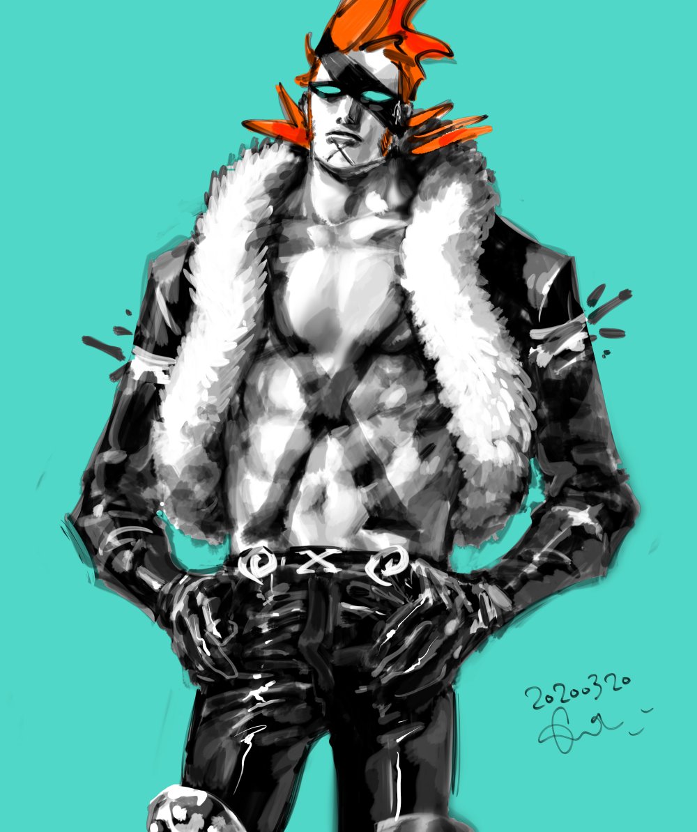 1boy belt blue_background cowboy_shot dated fur-trimmed_jacket fur_trim gloves hand_on_own_hip jacket kotteri male_focus one_piece orange_hair partially_colored sideburns simple_background solo torso x_drake