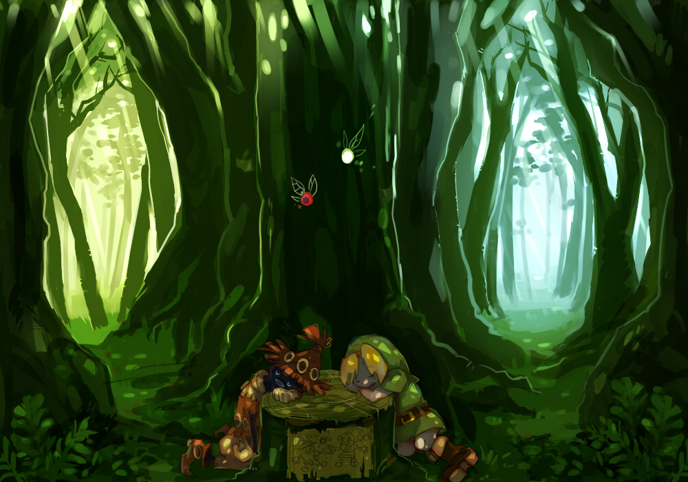 2boys blonde_hair fairy forest hat landscape link multiple_boys nature nintendo skull_kid sleeping tael tatl the_legend_of_zelda the_legend_of_zelda:_majora&#039;s_mask tree