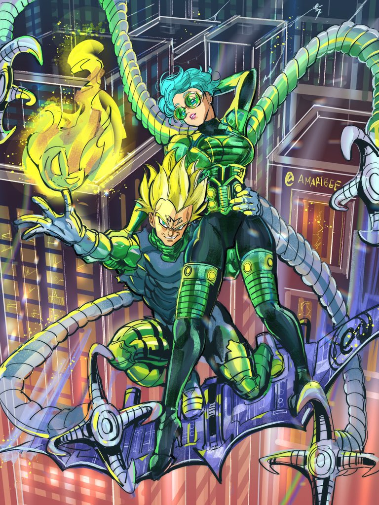 1boy 1girl aircraft blonde_hair blue_eyes blue_hair bodysuit breasts building bulma doctor_octopus dragonball_z evil_grin evil_smile fire flying glasses glider gloves green_goblin grin hand_on_another&#039;s_hip large_breasts light looking_at_viewer majin_vegeta marvel night night_sky olivia_octavius pumpkin sky smile spider-man:_into_the_spider-verse spider-man_(series) spider-verse tentacles thigh_gap thighs throwing vegeta