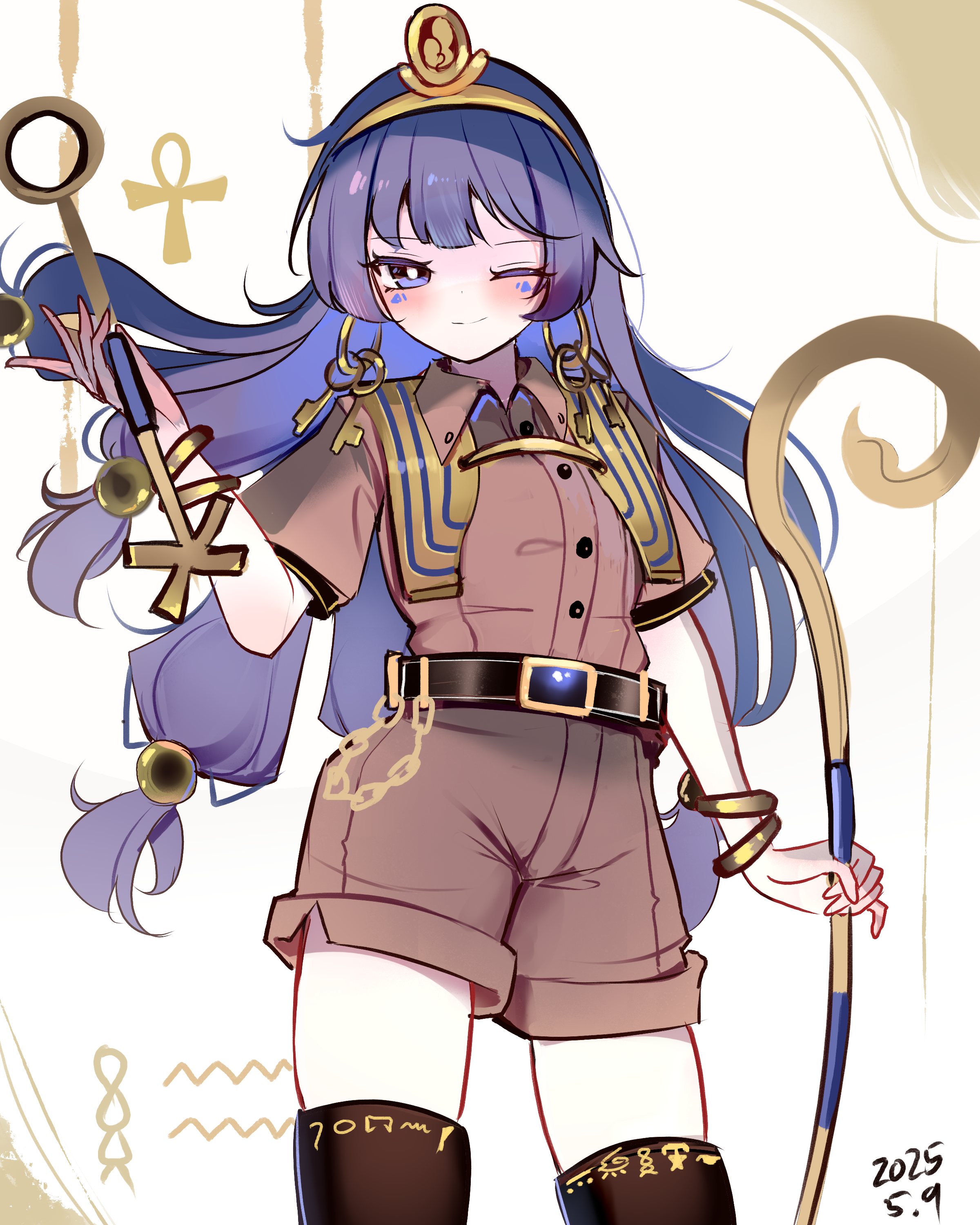 1girl absurdres ankh belt blue_eyes blue_hair brown_shirt brown_shorts collared_shirt dated earrings facial_mark fossilized_wonders gold gold_headdress gold_headwear highres holding holding_scepter jewelry key_earrings long_hair michigami_nareko scepter shen_bi_ren_(user_rjgy2824) shirt shorts smile solo tattoo thighhighs touhou triangle triangle_facial_mark