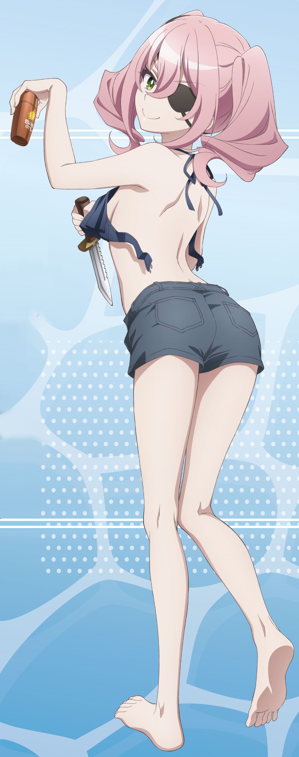 1girl absurdres alternate_costume annette_(spy_kyoushitsu) artist_request ass barefoot full_body green_eyes highres knife lotion medium_hair official_art patch pink_hair short_pants smile solo spy_kyoushitsu sunscreen swimsuit twintails water weapon