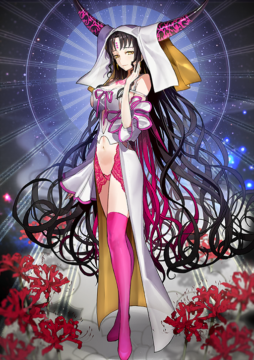 1girl arm_at_side bare_shoulders black_hair boots breasts closed_mouth clothing_cutout earrings facial_mark fate/grand_order fate_(series) floating_hair flower forehead_mark full_body hand_up horns jewelry lace large_breasts lingerie long_hair long_sleeves looking_at_viewer multicolored_hair navel off_shoulder official_art panties parted_bangs pink_boots pink_hair pink_panties pink_ribbon revealing_clothes ribbon sessyoin_kiara showgirl_skirt sidelocks smile solo spaghetti_strap spider_lily standing stomach_cutout thigh_boots third-party_source three_quarter_view two-sided_fabric two-tone_hair underwear variant_set very_long_hair wada_arco wide_sleeves wimple yellow_eyes