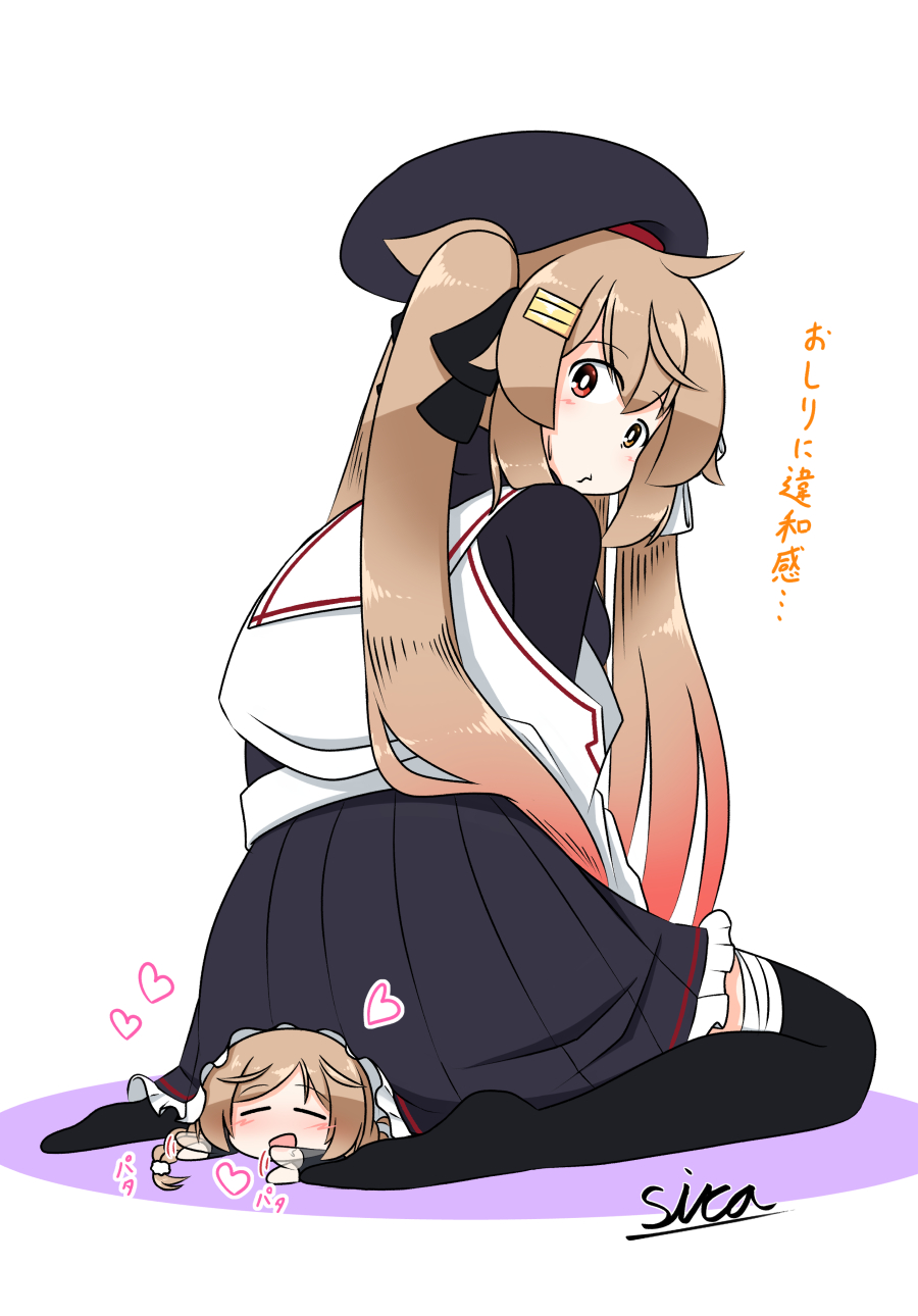 2girls black_shirt black_skirt black_thighhighs brown_hair commentary_request from_behind gradient_hair harusame_(kancolle) harusame_kai_ni_(kancolle) highres kantai_collection minegumo_(kancolle) mini_person minigirl multicolored_hair multiple_girls red_eyes sailor_collar school_uniform serafuku shirt simple_background sira skirt thighhighs translation_request two_side_up white_background white_sailor_collar