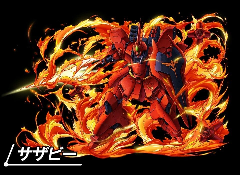 artist_request beam_cannon cable char&#039;s_counterattack emblem energy energy_sword fire funnels_(gundam) gundam machinery mecha mecha_focus mobile_suit neo_zeon no_humans robot roundel sazabi science_fiction shield space sword thrusters translation_request weapon