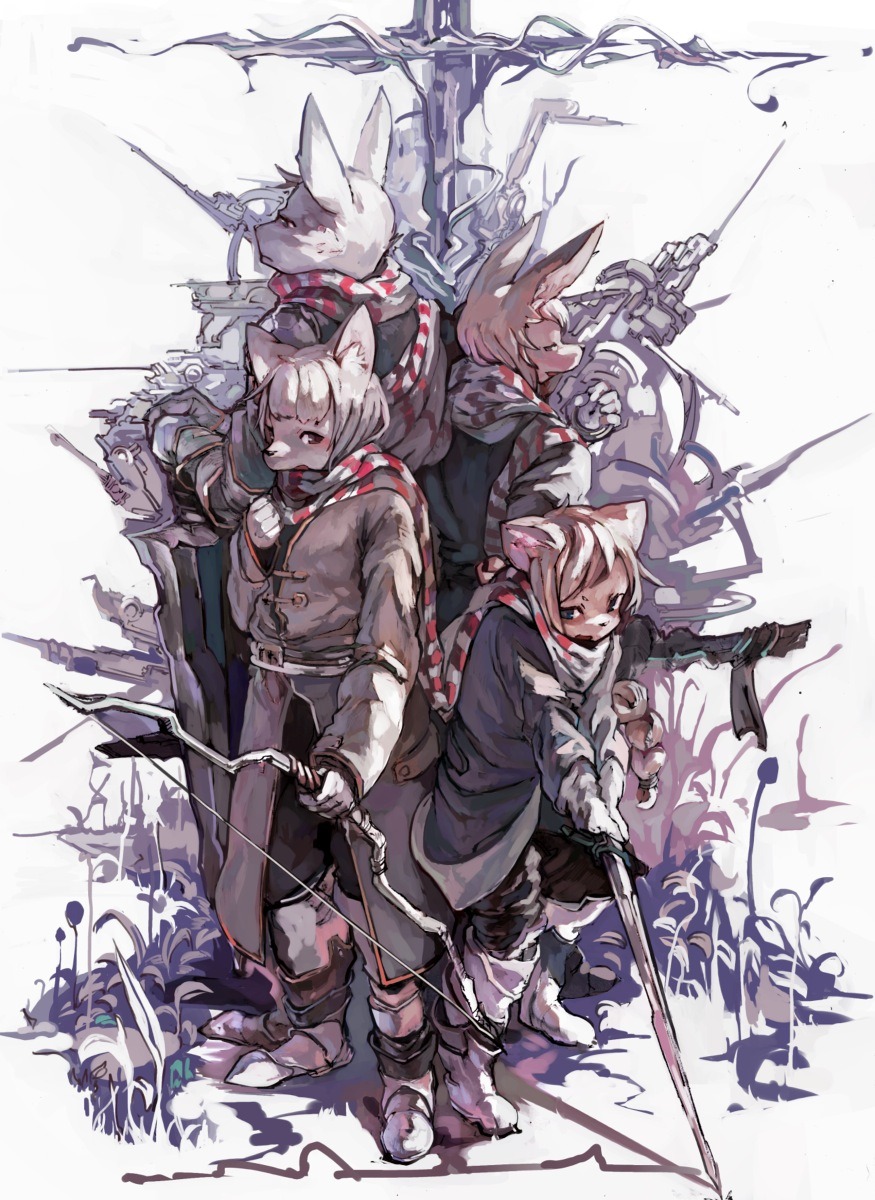 4boys animal_ears back-to-back boots bow_(weapon) brown_fur brown_hair cat_boy cat_ears coat denchou dog_boy dog_ears furry furry_male grass gun highres holding holding_bow_(weapon) holding_pocket_watch holding_sword holding_weapon male_focus multiple_boys original painterly pocket_watch rabbit_boy rabbit_ears scarf serious shadow sidelighting standing sword trench_coat watch weapon white_background white_fur white_hair