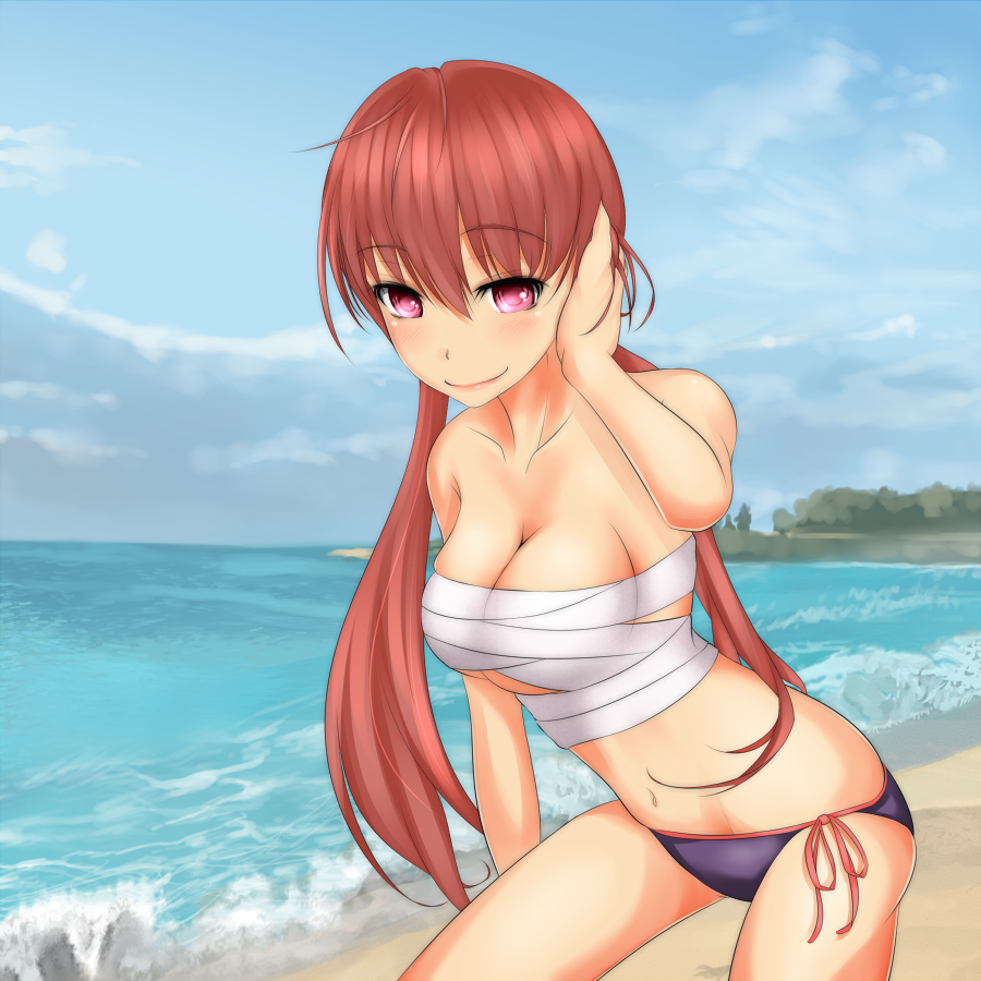 1girl bandaged_chest bandages bare_arms bare_shoulders beach blue_sky breasts cleavage closed_mouth cloud cloudy_sky commentary_request day feet_out_of_frame hair_between_eyes hand_up light_blush long_hair looking_at_viewer medium_breasts musujime_awaki navel ocean outdoors pink_eyes red_hair sand shin_(highest1192) sky solo stomach toaru_majutsu_no_index toaru_majutsu_no_index:_old_testament twintails water waves