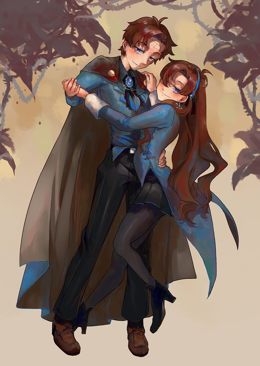 1boy 1girl aqua_eyes aqua_vest ascot brooch brother_and_sister brown_hair cape collared_shirt dancing dark_persona dipper_gleeful dipper_pines edenfox facial_mark forehead_mark formal_clothes gem glowing_jewelry gravity_falls hair_ornament hairband hand_on_own_hip high_heels holding_hands implied_incest jewelry long_hair mabel_gleeful mabel_pines pantyhose shirt short_hair siblings skirt swept_bangs thorns twins vest