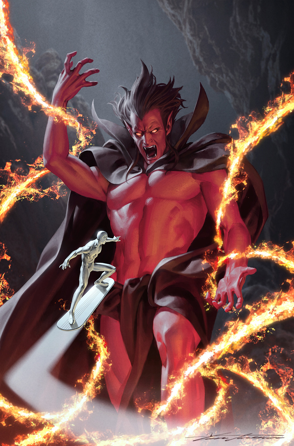 2boys arm_up battle black_cape black_hair cape cave_interior collared_cape colored_skin demon_boy fire giant giant_male glowing glowing_eyes high_collar highres loincloth marvel mephisto_(marvel) multiple_boys open_mouth pointy_ears red_skin sharp_teeth signature silver_skin silver_surfer size_difference sky_surfing standing teeth yellow_eyes yoon_junggeun