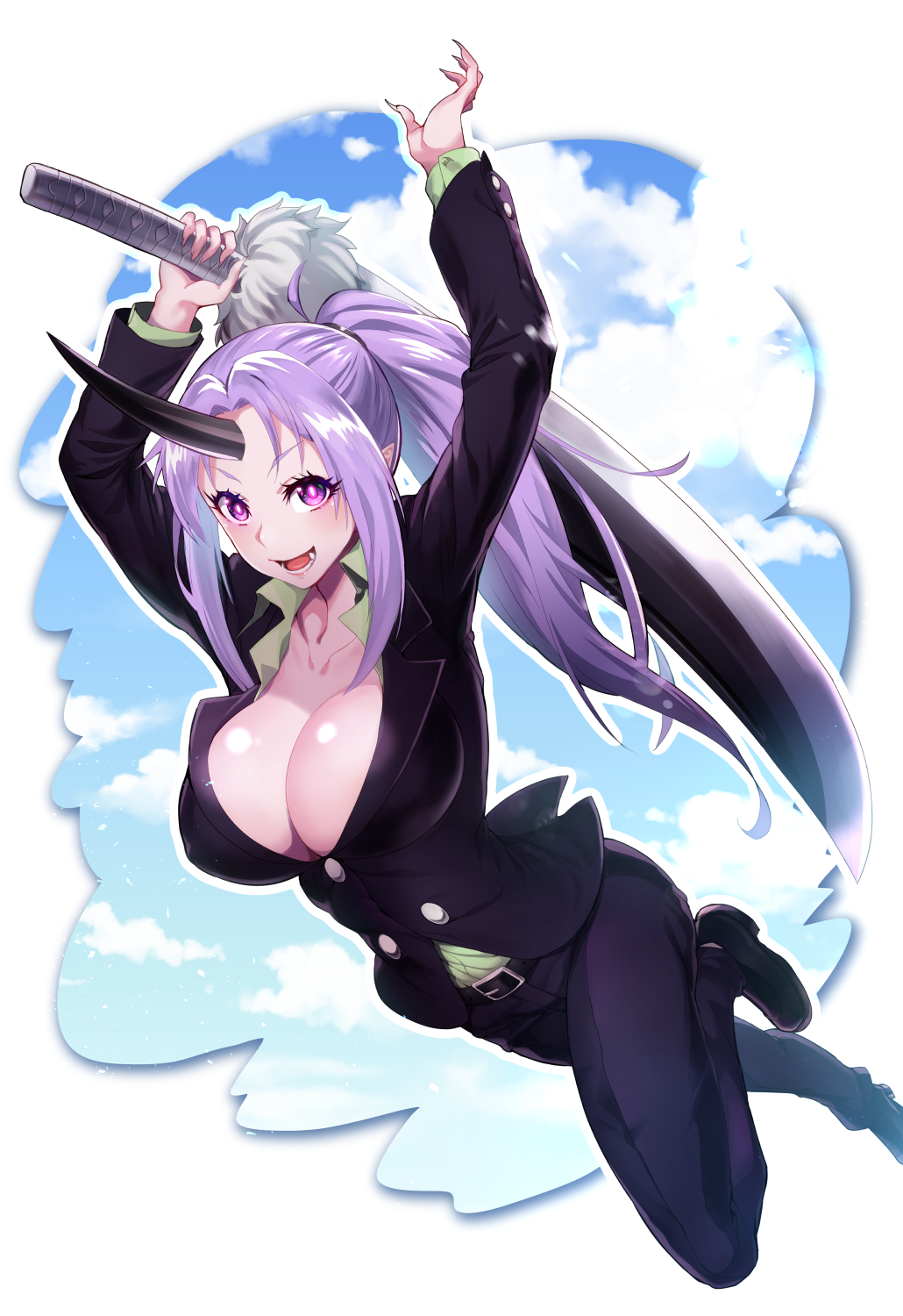 10s 1girl :d ahoge arms_up belt belt_buckle black_horns black_jacket black_pants black_shoes blue_sky blush breasts bright_pupils buckle cleavage cloud collarbone commentary_request dutch_angle fangs female_focus fingernails formal_clothes highres holding holding_sword holding_weapon horn horns jacket large_breasts leg_up long_fingernails long_hair long_sleeves matsumoto_tomoyohi no_bra office_lady oni oni_horn oni_horns open_mouth outside_border pants purple_eyes purple_hair sharp_fingernails shion_(tensura) shoes sidelocks single_horn sky smile solo standing standing_on_one_leg suit sword teeth tensei_shitara_slime_datta_ken v-shaped_eyebrows very_long_hair weapon