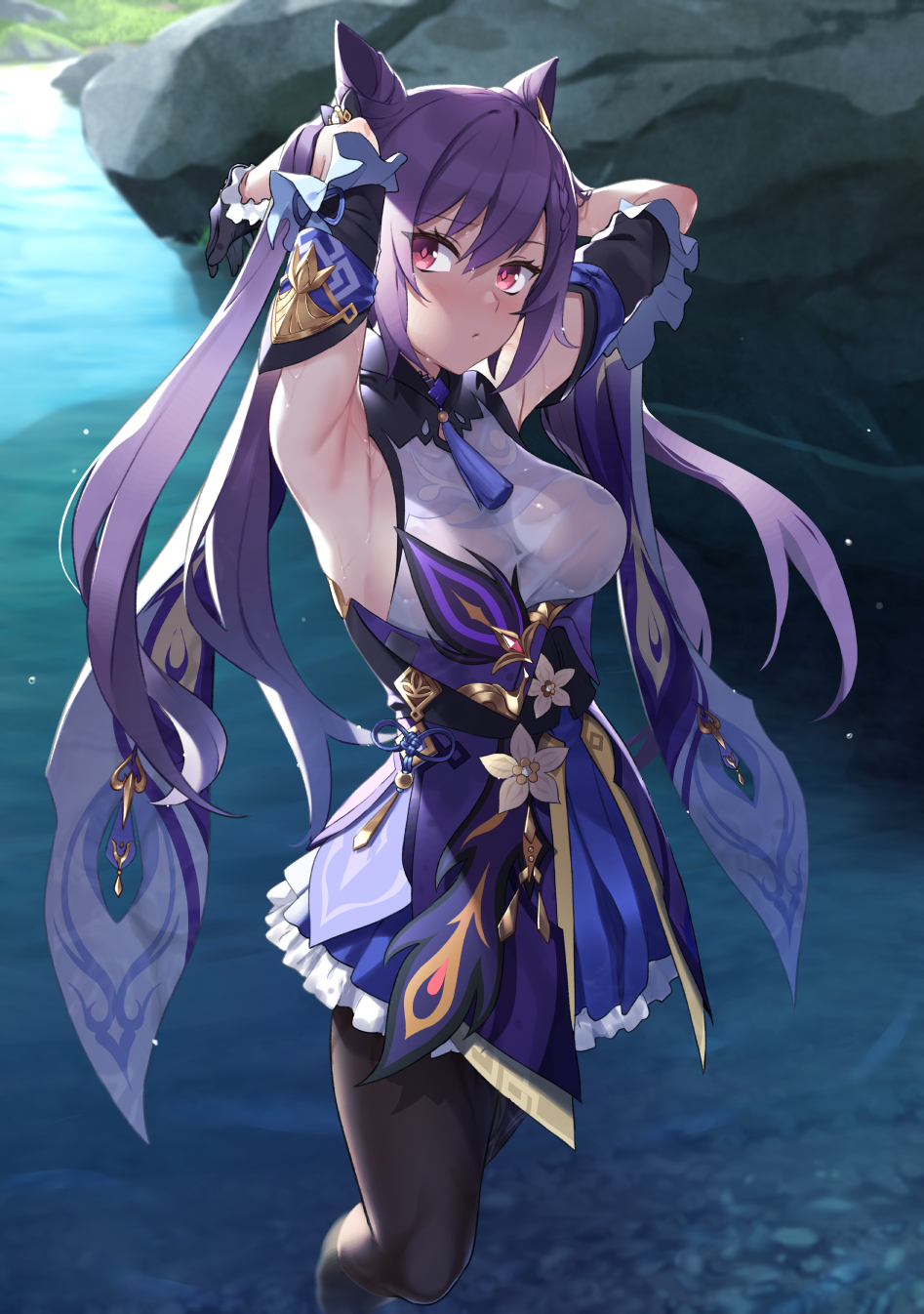 1girl armpits arms_up black_pantyhose blush bow breasts choker detached_sleeves double_bun dress frilled_dress frilled_sleeves frills genshin_impact gloves hair_bow hair_bun half-closed_eyes highres keqing_(genshin_impact) long_hair medium_breasts outdoors pantyhose partially_submerged prime_(prime_tw) purple_dress purple_eyes purple_hair sleeveless sleeveless_dress solo standing twintails water wet wet_clothes