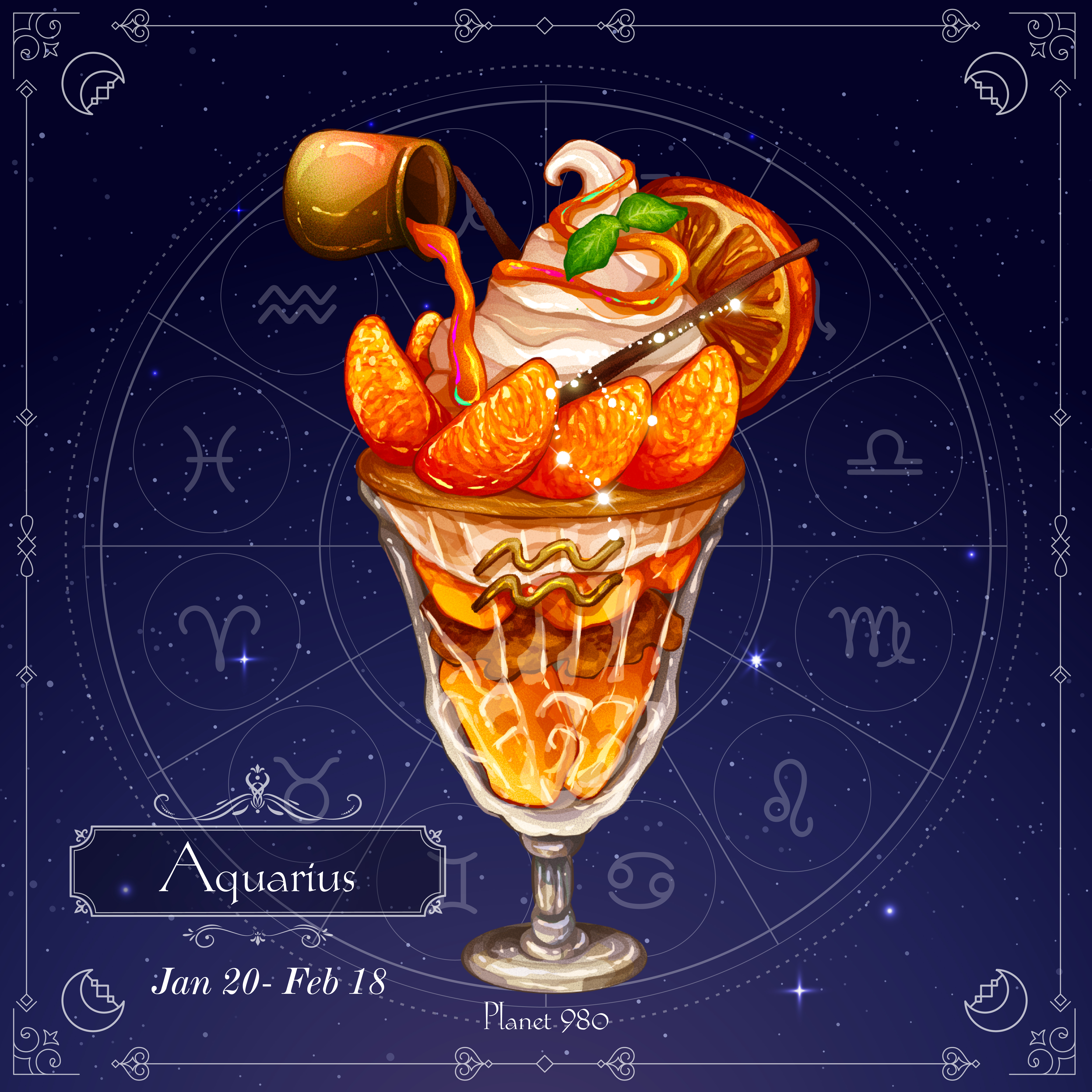 absurdres aquarius_(symbol) caramel chocolate crescent food food_focus fruit highres ice_cream no_humans orange_(fruit) orange_slice original parfait soft_serve star_(sky) starry_sky_background yuki00yo zodiac_wheel