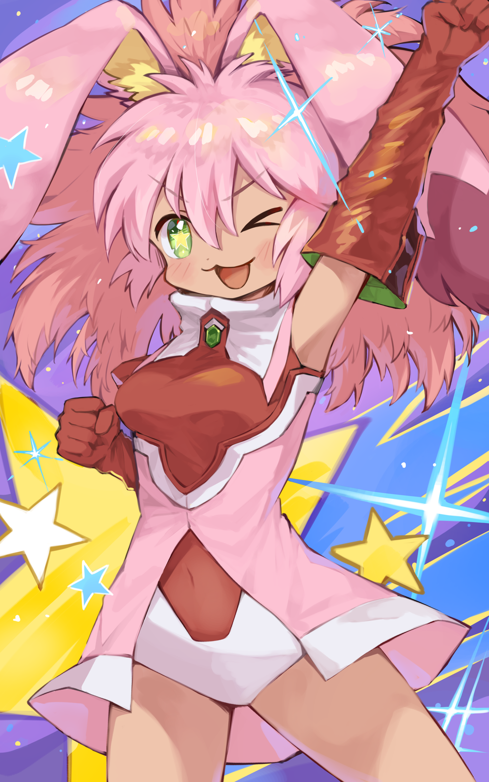 1girl :d animal_ears asagi1111 breasts clenched_hand commentary_request covered_navel elbow_gloves gloves green_eyes highres long_hair medium_breasts one_eye_closed open_mouth pink_hair rabbit_ears rabbit_girl red_gloves seraphita_(xenogears) smile solo sparkle standing star-shaped_pupils star_(symbol) symbol-shaped_pupils v-shaped_eyebrows xenogears yellow_pupils