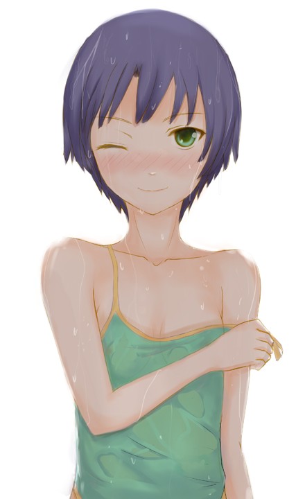 1girl ano_natsu_de_matteru bare_shoulders blue_hair blush collarbone dripping flat_chest green_eyes green_tank_top looking_at_viewer nonoririn one_eye_closed short_hair simple_background smile solo strap_pull sweat sweaty_clothes tanigawa_kanna tank_top upper_body wet wet_hair white_background