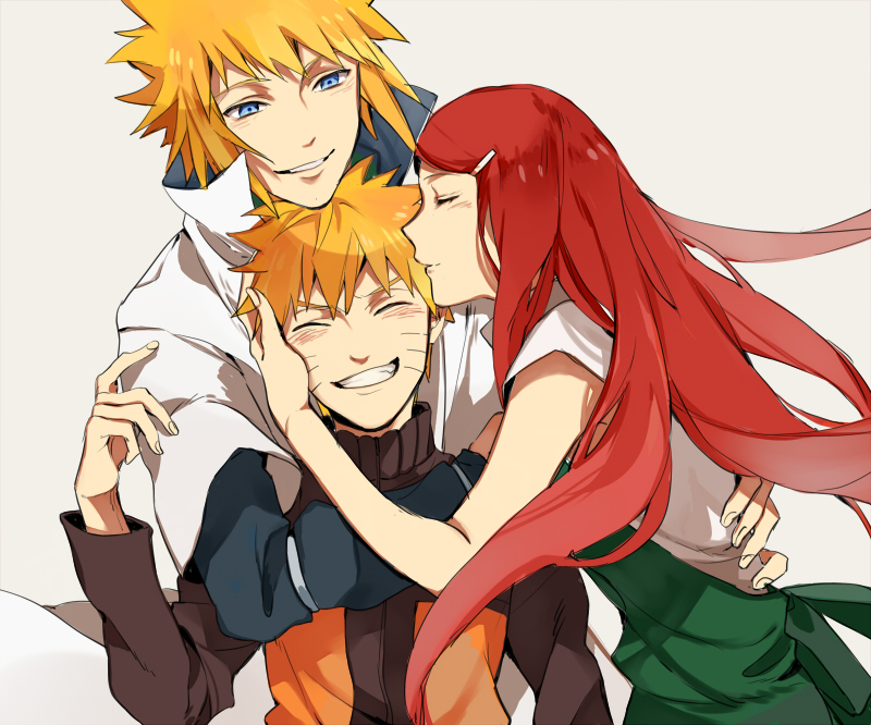 1girl 2boys blonde_hair blue_eyes blush closed_eyes couple facial_mark family father_and_son good_end husband_and_wife kkkkt long_hair mother_and_son multiple_boys namikaze_minato naruto naruto_(series) naruto_shippuuden open_mouth red_hair short_hair smile spiked_hair uzumaki_kushina uzumaki_naruto whisker_markings