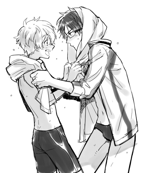 10s 2boys bare_legs free! glasses hazuki_nagisa male_focus male_swimwear monochrome multiple_boys ryuugazaki_rei school_uniform smile sports_uniform swim_briefs swim_trunks towel water wet