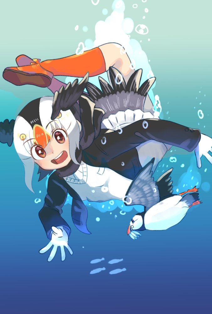 1girl atlantic_puffin_(kemono_friends) bird bird_girl bird_tail bird_wings black_hair black_jacket blonde_hair blush brown_scarf gloves hair_between_eyes head_wings jacket kemono_friends long_sleeves ma2uastro multicolored_hair necktie open_clothes open_jacket open_mouth orange_eyes orange_hair orange_shoes orange_socks pleated_skirt puffin scarf shirt shoes short_hair sidelocks skirt socks sweater swimming tail underwater white_gloves white_hair white_necktie white_shirt white_skirt white_sweater wings