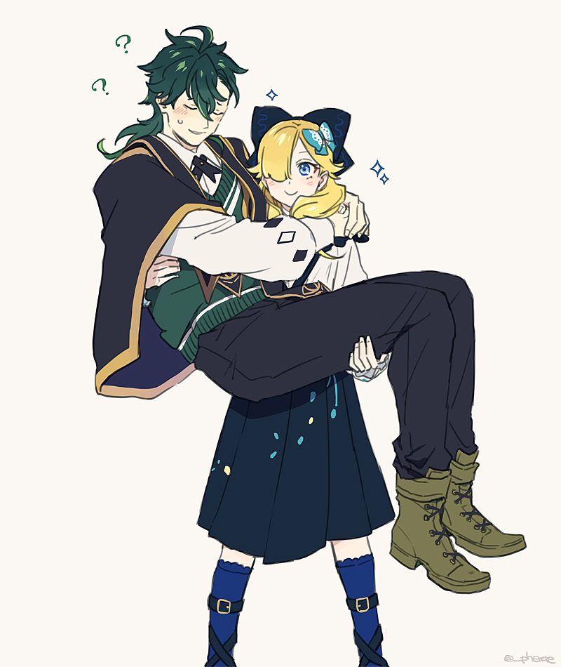 1boy 1girl blonde_hair blue_eyes boots butterfly_hair_ornament carrying closed_eyes closed_mouth fire_emblem fire_emblem_engage green_hair gregory_(fire_emblem) guttary hair_ornament hair_over_one_eye hair_ribbon holding light_smile long_skirt long_sleeves madeline_(fire_emblem) nintendo princess_carry reverse_princess_carry ribbon shirt short_hair skirt socks wavy_hair white_background