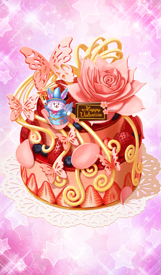 akitaken_(non_faciem) blueberry bug butterfly cake cheesecake commentary dessert doily fate/grand_order fate_(series) figure flower food food_focus food_writing fou_(fate) fruit happy_valentine insect layer_cake no_humans official_art pink_background sparkle_background star_(symbol) star_symbol_background still_life strawberry strawberry_slice third-party_source