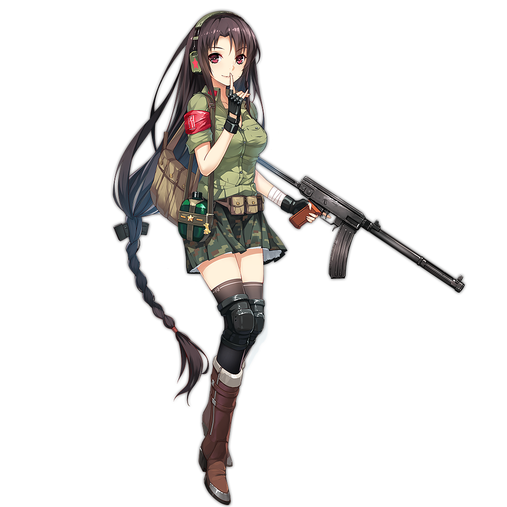 1girl ammunition_pouch armband black_gloves black_thighhighs boots braid breasts brown_boots canteen female_focus fingerless_gloves full_body girls&#039;_frontline gloves gun headphones holding holding_gun holding_weapon integral_suppressor integrally-suppressed_firearm large_breasts long_hair looking_at_viewer pouch purple_eyes red_armband red_star sleeveless smile solo star_(symbol) submachine_gun suppressor thighhighs transparent_background type_64_(girls&#039;_frontline) type_64_smg very_long_hair weapon