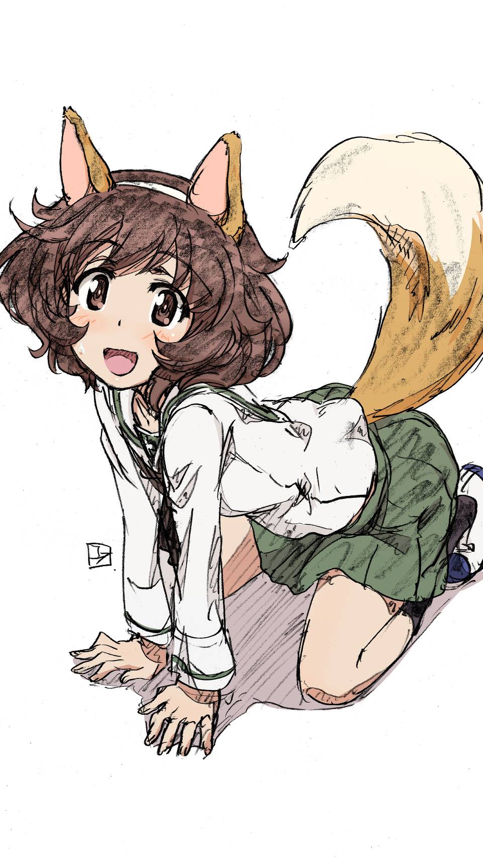 1girl akiyama_yukari all_fours animal_ears blush brown_eyes brown_hair erakin fox_ears fox_girl fox_tail girls_und_panzer highres looking_at_viewer ooarai_school_uniform open_mouth school_uniform short_hair simple_background smile solo tail white_background