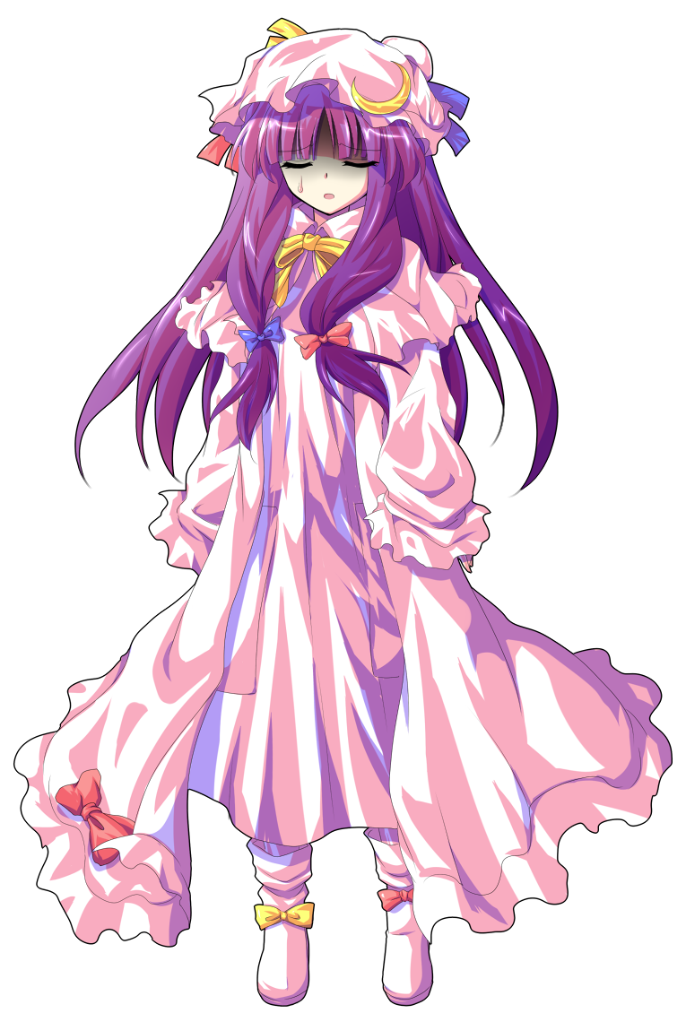 1girl alphes_(style) arms_at_sides blue_bow blue_ribbon bobby_socks bow bowtie bun_cover capelet closed_eyes commentary_request crescent crescent_hat_ornament dairi dress eyes_visible_through_hair full_body hair_bow hat hat_ornament large_variant_set legs_apart long_hair long_sleeves mob_cap open_mouth parody parted_bangs patchouli_knowledge pink_bow pink_ribbon purple_hair ribbon shaded_face socks solo style_parody sweatdrop tachi-e touhou transparent_background variant_set white_capelet white_dress white_hat white_socks yellow_bow yellow_bowtie