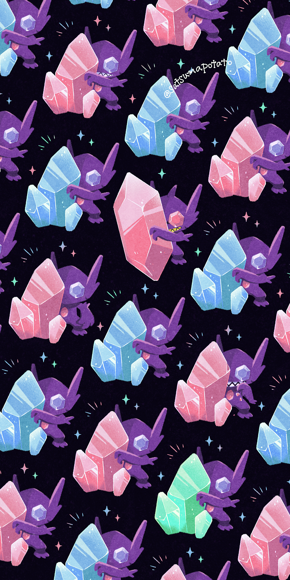 2others ambiguous_gender black_background blue_gemstone creature crystal gem gen_3_pokemon green_gemstone highres mega_pokemon mega_sableye multiple_others nintendo pokemon red_gemstone sableye satsumapotato sharp_teeth signature simple_background sparkle teeth