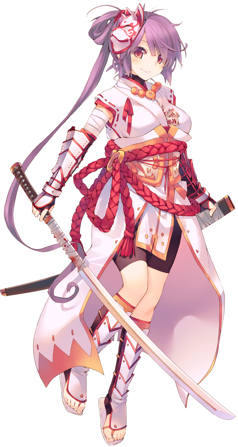 1girl amazuyu_tatsuki aquaplus blush dungeon_travelers_2 elbow_gloves feet female_focus fingerless_gloves full_body gauntlets gloves hair_ornament highres holding holding_weapon houzouji_yae japanese_clothes jewelry kokonoka long_hair looking_at_viewer mask official_art purple_hair red_eyes sandals smile solo standing sword toeless_legwear toes transparent_background very_long_hair weapon