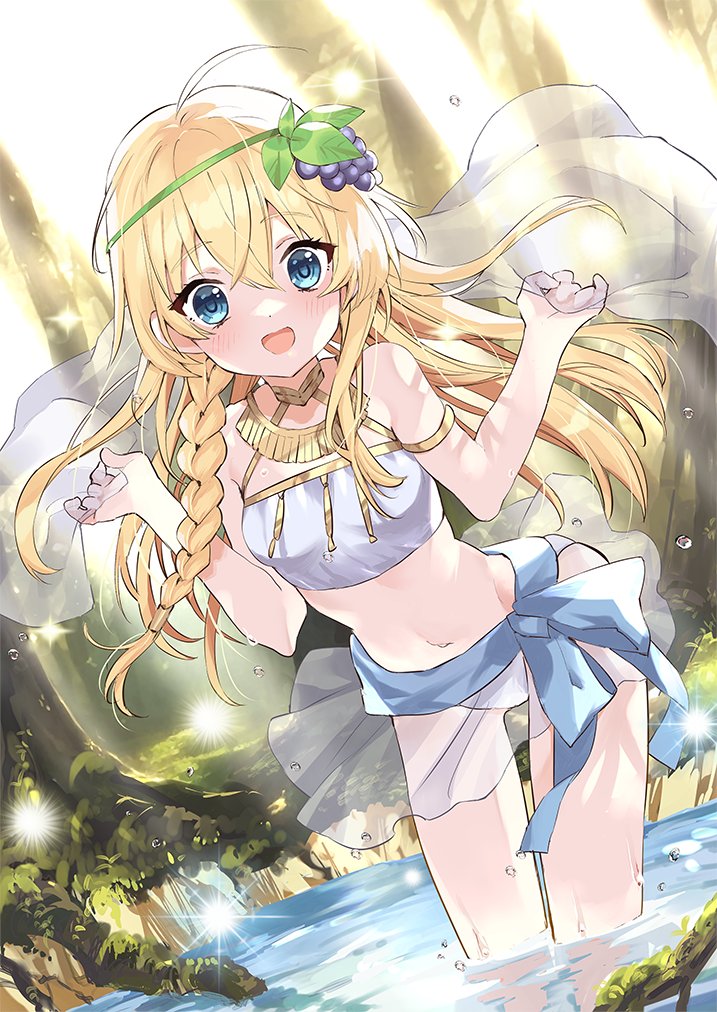 1girl bandeau bare_shoulders blonde_hair blue_eyes blush braid commentary_request dutch_angle forest hair_between_eyes iris_(konosuba) jewelry kono_subarashii_sekai_ni_shukufuku_wo! leaning_forward long_hair looking_at_viewer midriff nature navel open_mouth pond see-through_clothes see-through_skirt see-through_veil skirt smile solo standing veil w_arms wading water zooya