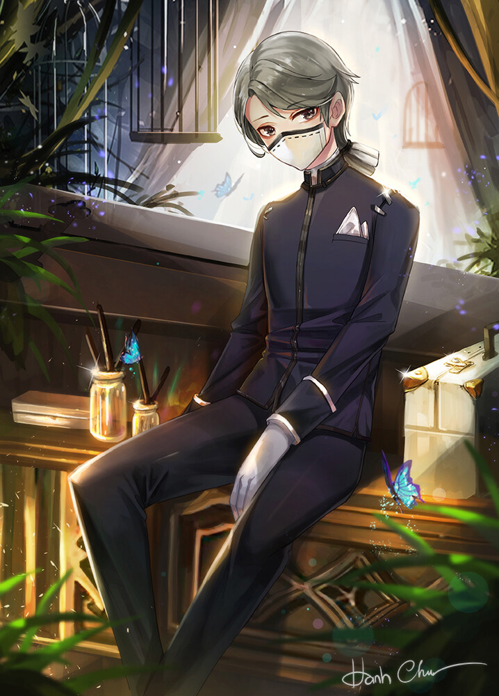 1boy aesop_carl between_legs birdcage black_jacket black_pants blue_butterfly briefcase bug butterfly cage coffin curtains feet_out_of_frame gloves grey_eyes grey_hair hand_between_legs hanh_chu identity_v insect jacket light_particles long_sleeves looking_at_viewer low_ponytail male_focus mask medium_hair mouth_mask pants plant pocket_square ponytail reed_diffuser sitting sleeve_cuffs solo surgical_mask swept_bangs white_gloves white_mask