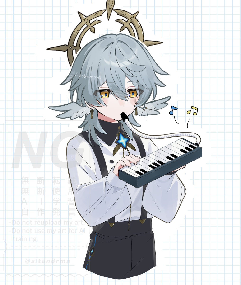 1boy aged_down alternate_costume collared_shirt cowboy_shot grey_hair hair_between_eyes halo head_wings highres honkai:_star_rail honkai_(series) instrument keyboard_(instrument) long_sleeves male_focus melodica musical_note shirt short_hair shorts simple_background sltandrmn solo sunday_(honkai:_star_rail) suspender_shorts suspenders white_background white_shirt wings yellow_eyes