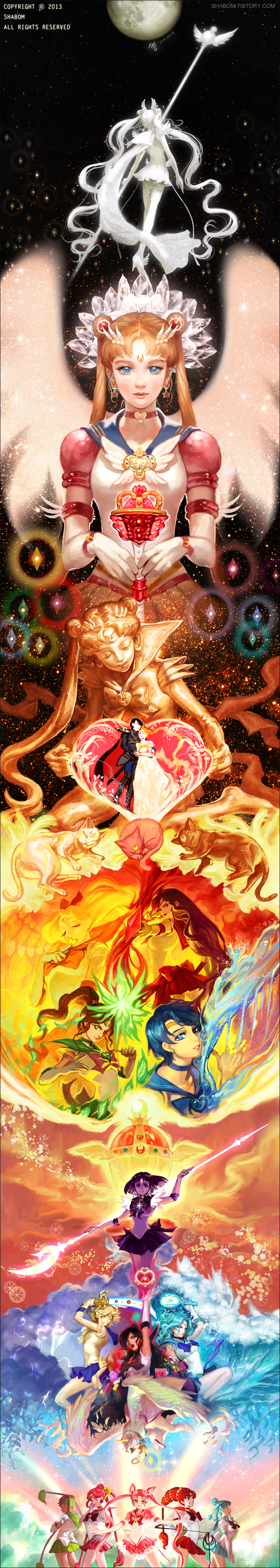 10s 1990s_(style) 1boy 2013 6+girls absolutely_everyone absurdres aino_minako aqua_hair arm_up artemis_(sailor_moon) artist_name bishoujo_senshi_sailor_moon bishoujo_senshi_sailor_moon_s bishoujo_senshi_sailor_moon_sailor_stars bishoujo_senshi_sailor_moon_stars bishoujo_senshi_sailor_moon_supers black_hair blonde_hair blue_eyes blue_hair blue_sailor_collar boots bow brooch cat cerecere_(sailor_moon) chiba_mamoru chibi_usa choker closed_eyes cone_hair_bun crescent crescent_facial_mark crystal dated diana_(sailor_moon) double_bun earrings elbow_gloves electricity endymion eternal_sailor_moon everyone facial_mark fire forehead_mark full_moon gloves green_eyes green_hair hair_bun hair_ornament hairpin heart heart_brooch heart_hair_bun helios_(sailor_moon) highres hino_rei holding holding_polearm holding_spear holding_weapon ice inner_senshi jewelry junjun_(sailor_moon) kaiou_michiru kino_makoto long_hair long_image luna_(sailor_moon) maboroshi_no_ginzuishou magical_girl meiou_setsuna mizuno_ami moon multi-tied_hair multiple_girls outer_senshi pallapalla_(sailor_moon) pink_bow pink_eyes pink_hair polearm princess_serenity red_bow red_hair retro_artstyle ribbon sailor_ceres sailor_chibi_moon sailor_collar sailor_cosmos sailor_juno sailor_jupiter sailor_mars sailor_mercury sailor_moon sailor_neptune sailor_pallas sailor_pluto sailor_saturn sailor_senshi sailor_uranus sailor_venus sailor_vesta shabom shabomu short_hair silence_glaive single_hair_bun skirt spear staff star_brooch super_sailor_chibi_moon_(stars) super_sailor_moon tall_image ten&#039;ou_haruka tiara tomoe_hotaru tsukino_usagi tuxedo_kamen twintails vesves_(sailor_moon) water weapon white_gloves wing_brooch wings