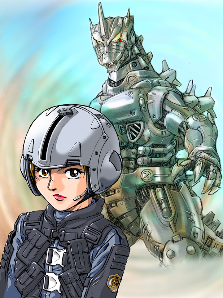 1girl anti-megalosaurus_force brown_eyes brown_hair cyborg female_focus godzilla_(series) godzilla_against_mechagodzilla japan_self-defense_force jxsdf kaiju kiryu_(godzilla) mecha mechagodzilla military military_uniform military_vehicle military_weapon nishikawa_shinji pilot_suit roaring robot short_hair tactical_clothes toho weapon yashiro_akane