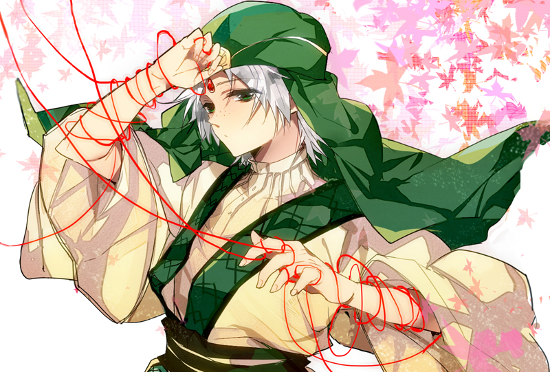 1boy arabian_clothes autumn_leaves buttons closed_mouth commentary_request dress_shirt expressionless eyelashes falling_leaves fingernails forehead_jewel freckles gem green_eyes green_headscarf hand_up headscarf ja&#039;far_(magi) leaf light_blush light_frown light_particles long_sleeves looking_at_viewer magi_the_labyrinth_of_magic male_focus molujian pointy_nose red_gemstone robe shirt short_hair solo string string_around_arm string_of_fate upper_body white_background white_hair white_shirt wide_sleeves yellow_robe