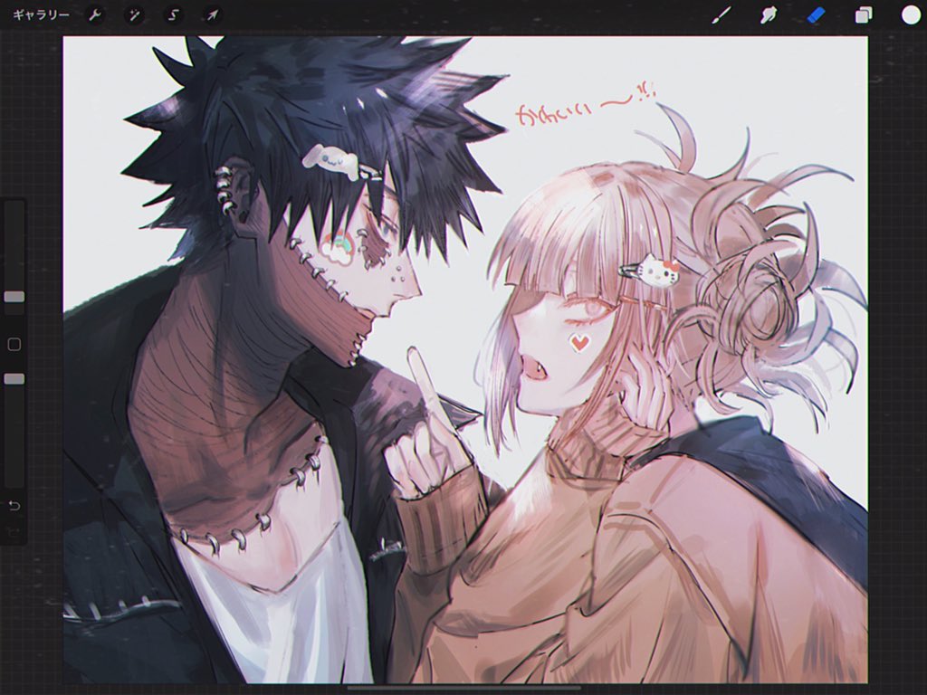 1boy 1girl art_program_in_frame black_hair black_jacket blonde_hair blue_eyes blunt_bangs boku_no_hero_academia burn_scar closed_mouth collarbone commentary dabi_(boku_no_hero_academia) earrings english_commentary face_piercing fang from_side hair_between_eyes hair_ornament hairpin hand_on_own_face heart_sticker index_finger_raised jacket jewelry looking_at_another looking_at_viewer medium_hair nose_piercing open_mouth piercing portrait scar shirt short_hair sleeves_past_wrists spiked_hair st31010 sticker_on_face stitched_chest stitched_face stitches sweater toga_himiko translation_request twintails user_interface white_shirt yellow_sweater