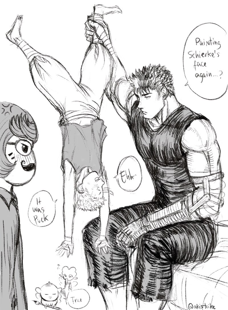 2girls 3boys aki_(akistrike) anger_vein angry bandaged_arm bandaged_hand bandages berserk black_tank_top commentary dangling drawing drawing_on_another&#039;s_face english_commentary english_text evarella_(berserk) guts_(berserk) holding holding_another&#039;s_foot holding_paintbrush isidro_(berserk) looking_at_another multiple_boys multiple_girls paintbrush prosthesis prosthetic_arm puck_(berserk) schierke_(berserk) speech_bubble spiked_hair tank_top upside-down