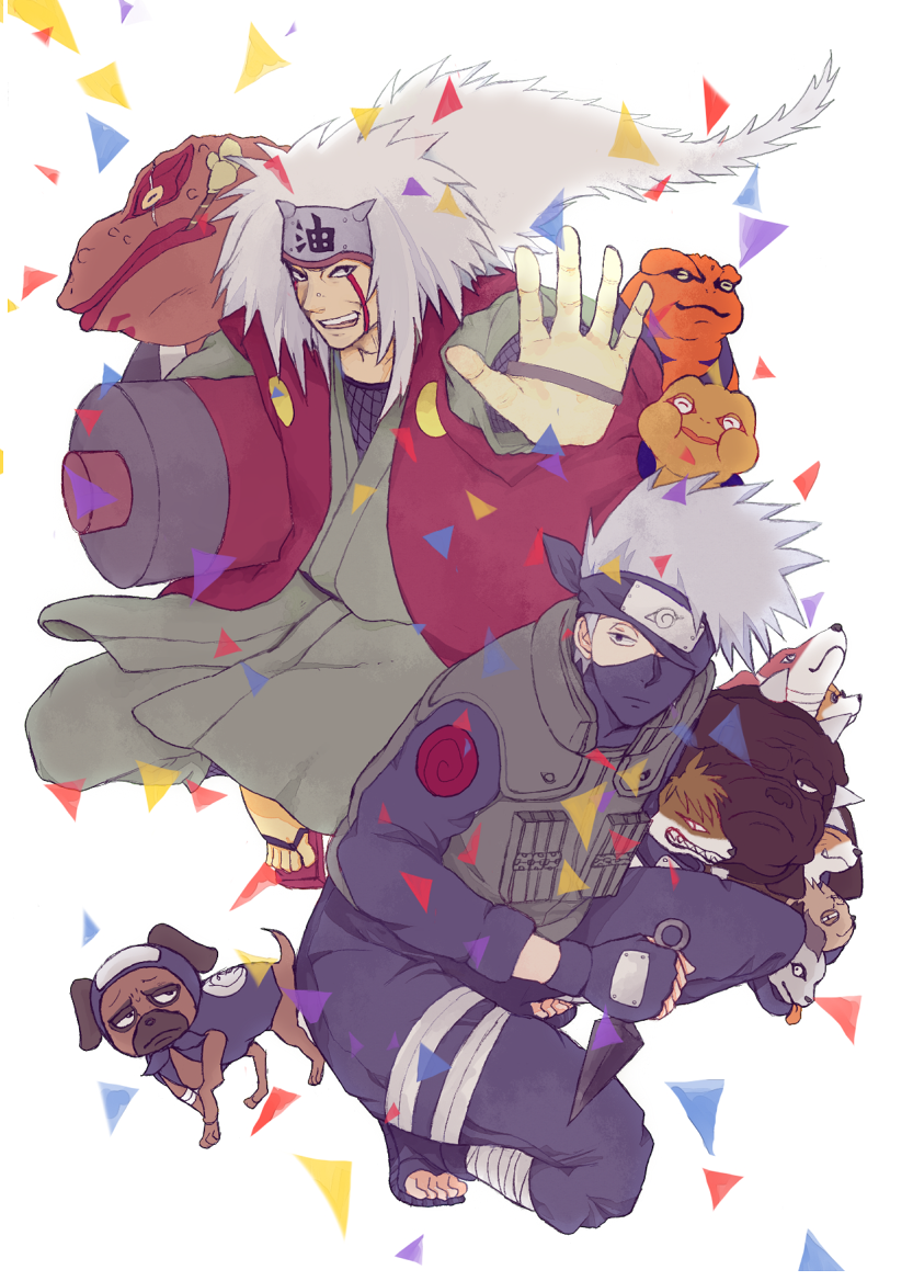 2boys akino_(naruto) bandages bisuke_(naruto) bull_(naruto) creature dog facial_mark fangs fingerless_gloves fishnets flak_jacket forehead_protector frog gamabunta gamakichi gamatatsu gloves guruko hatake_kakashi headband jacket jiraiya_(naruto) kunai long_hair male_focus mask md5_mismatch monster multiple_boys multiple_dogs naruto_(classic) naruto_(series) ninja pakkun_(naruto) piercing sandals scroll shiba_(naruto) short_hair simple_background toad_(animal) tongue uhei urushi_(naruto) weapon white_background white_hair yuno_(mktmm)