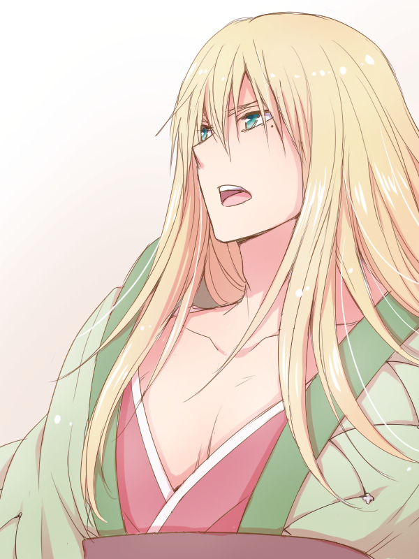 0aoiurn0 1boy aqua_eyes blonde_hair gradient_background japanese_clothes long_hair looking_ahead male_focus mole mole_under_eye open_mouth pectorals portrait sen_no_rikyuu_(sengoku_basara) sengoku_basara simple_background solo teeth upper_teeth_only white_background