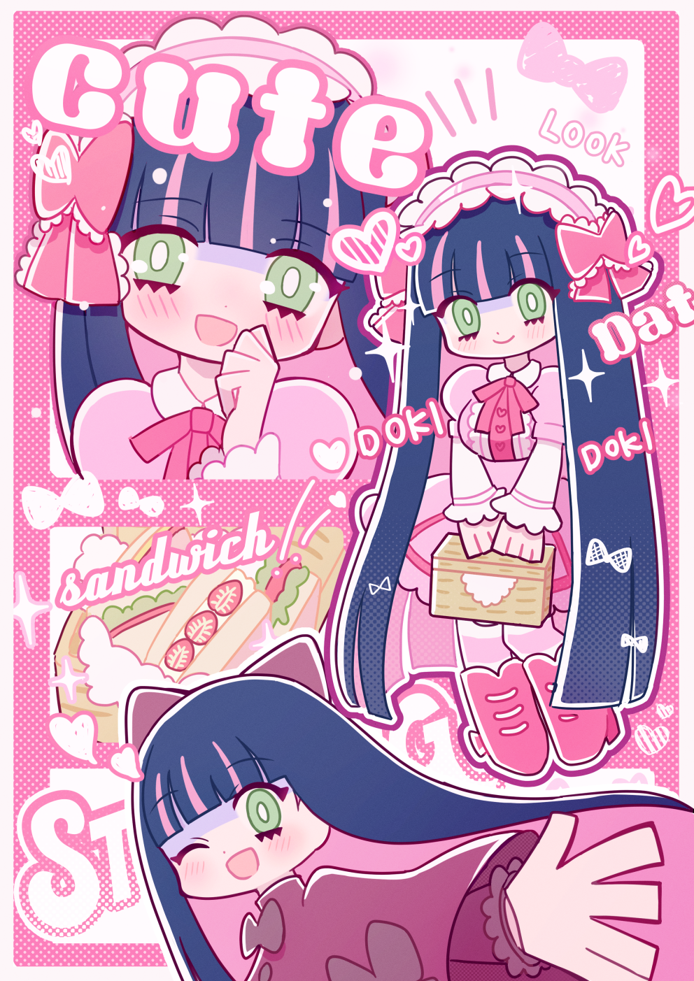 :d basket blue_hair blush bob_cut bow character_name colored_inner_hair food food_name four-pointed_star frilled_bow frills fruit_sandwich green_eyes heart highres holding holding_basket lolita_fashion long_hair multicolored_hair one_eye_closed open_mouth panty_&amp;_stocking_with_garterbelt pink_background pink_streaks sandwich smile stocking_(psg) tukinoyoru336