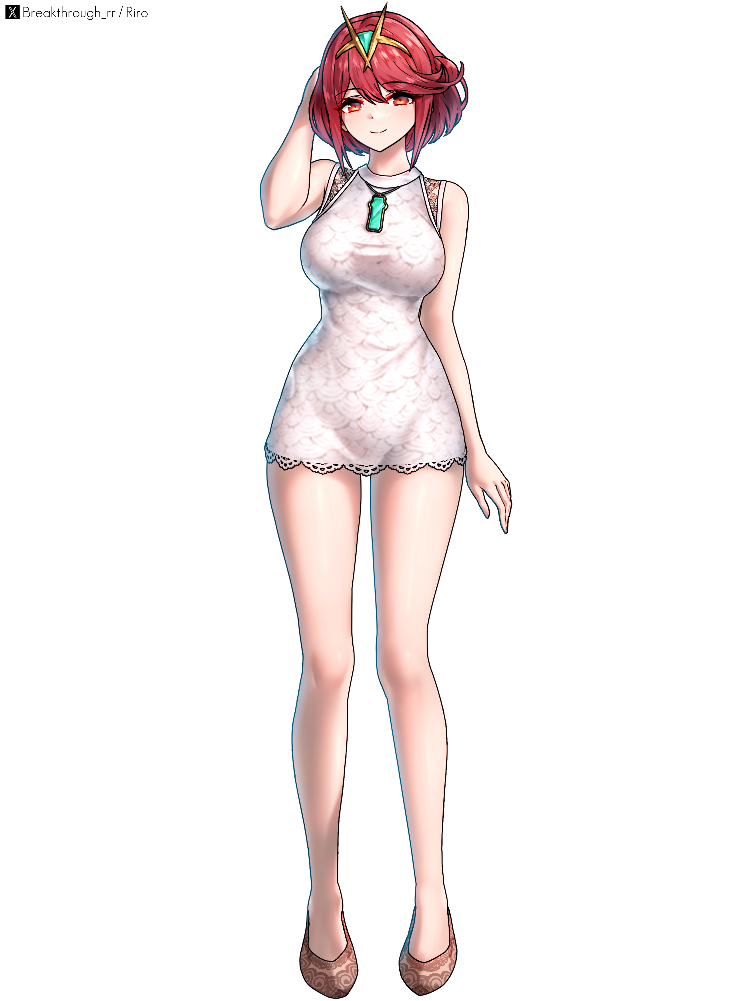 1girl absurdres bare_shoulders breasts chest_jewel core_crystal_(xenoblade) dress full_body highres large_breasts looking_at_viewer making-of_available pyra_(xenoblade) red_eyes red_hair riro_(breakthrough_rr) scale_print short_dress short_hair simple_background solo tiara white_background xenoblade_chronicles_(series) xenoblade_chronicles_2
