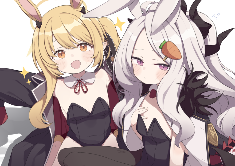 2girls animal_ears armpits arms_up black_coat black_leotard black_pantyhose black_ribbon blonde_hair blue_archive blush bow bowtie breasts brown_eyes carrot_hair_ornament coat coat_on_shoulders collar covered_navel demon_girl demon_horns detached_collar embarrassed flying_sweatdrops food-themed_hair_ornament gamuo grey_hair hair_ornament hairclip hand_on_own_chest hina_(blue_archive) horns ibuki_(blue_archive) leotard loli long_hair looking_at_viewer multiple_girls open_mouth oversized_clothes pantyhose pink_eyes playboy_bunny pointy_ears ponytail rabbit_ears rabbit_girl red_bow red_bowtie ribbon side_ponytail sitting sleeves_past_wrists small_breasts small_horns smile sparkle strapless strapless_leotard thighs very_long_hair white_collar